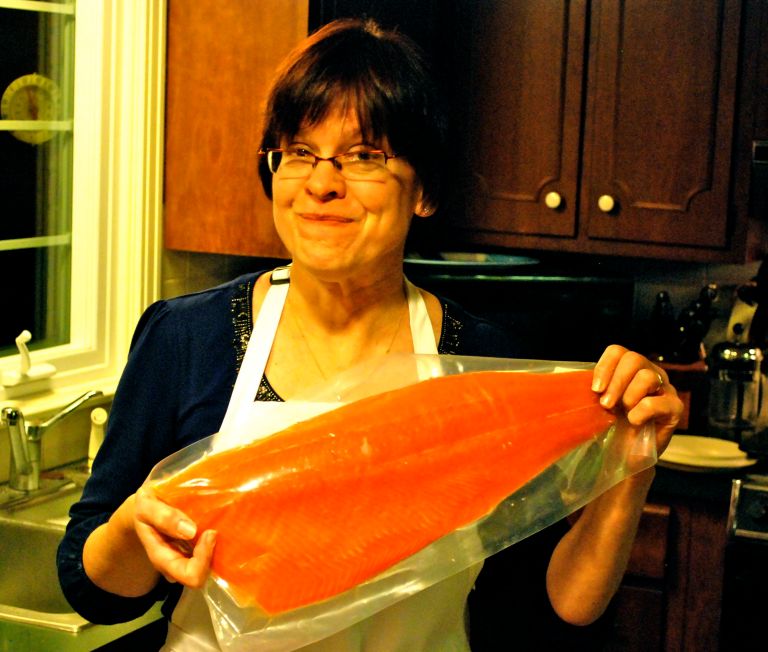 My mother, with a salmon. 
