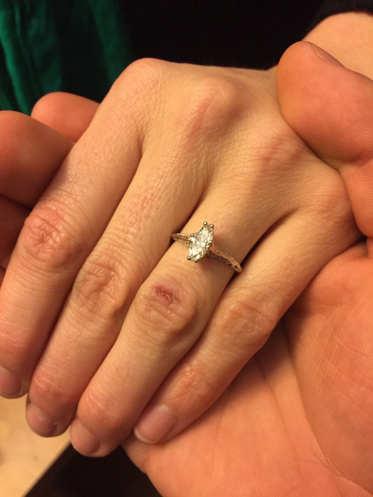Nick proposed with a vintage 1920s cruelty-free ring, something he knows is important to me. 